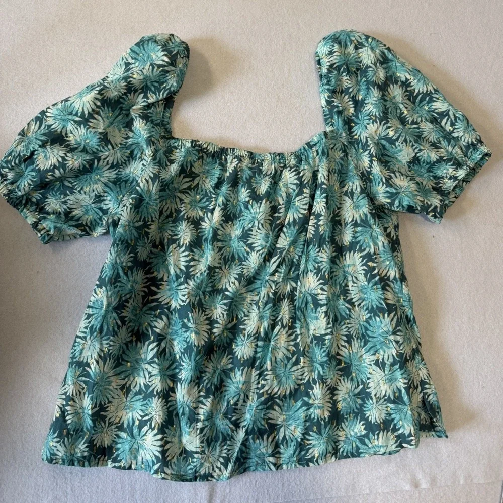 Michael Kors Women's Short Sleeve Nassau Teal Puff Sleeve Blouse Size XL NWT